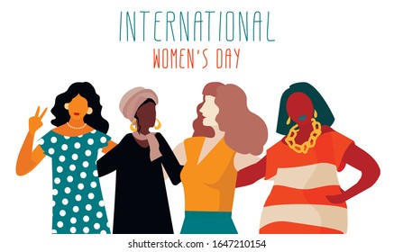 International Women's Day. Vector illustration happy smiling diverse women standing together. Isolated on white
