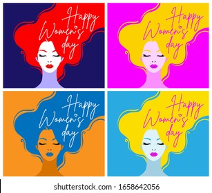 International Women's Day. Vector illustration of pretty woman portrait with fluttering hair in flat style. Stylish design templates for cards, posters, flyers, banners.