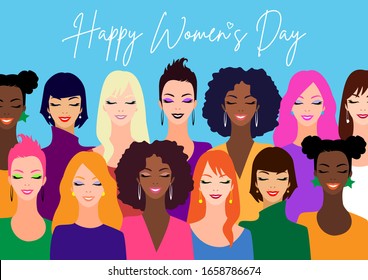 International Women's Day. Vector illustration of women diverse faces of different ethnicity in flat art style. 