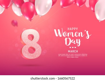 International women's day vector illustration. 8 march celebrating. Number eight fly on balloons on bright pink background