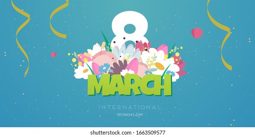 International Women's Day. Vector illustration with beautiful flowers on a blue background for a banner, brochure, invitation, flyer, postcard, website. Design template