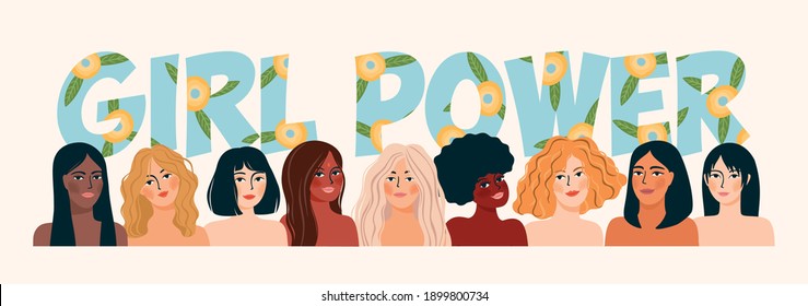 International Womens Day. Vector illustration with women different nationalities and cultures. Struggle for freedom, independence, equality.