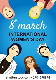 International Womens Day. Vector illustration with women different nationalities and cultures. Women in leadership: Achieving an equal future in a COVID-19 world. eps 10