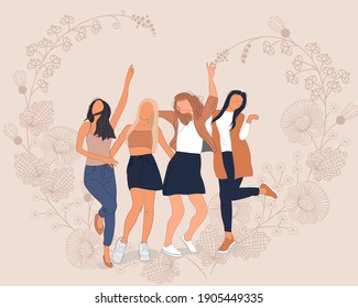 International Women's Day. Vector illustration of four happy diverse women standing together. Vector flat illustration in beige colors