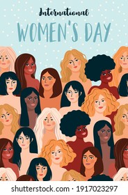 International Womens Day. Vector illustration with women different nationalities and cultures. Struggle for freedom, independence, equality.