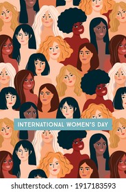 International Womens Day. Vector illustration with women different nationalities and cultures. Struggle for freedom, independence, equality.