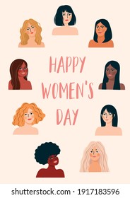 International Womens Day. Vector illustration with women different nationalities and cultures. Struggle for freedom, independence, equality.