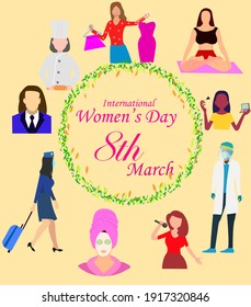 International Women's Day Vector Illustration With Different Toles Of Women, Date And Text, 8th March 2021