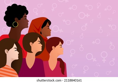 International Women's Day. Vector Illustration Of Five Happy Smiling Diverse Women Standing Together.