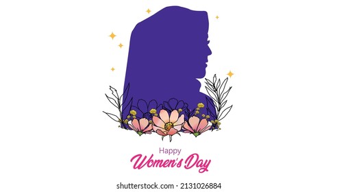 International Women's day. Vector illustration of happy girl on women's day 8 march celebration with frame of flower and leaves.