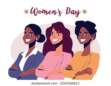 International Women's Day. Vector illustration of five happy women smiling diverse together. isolated on white.