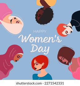 International Womens Day. Vector illustration with women different nationalities and cultures. Struggle for freedom, independence, equality.