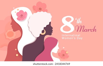 International Women's Day. Vector illustration in modern minimalist style of three female silhouettes with flowers. Pink pastel color palette. Place for your text.