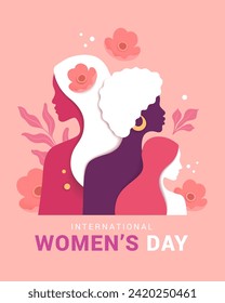 Día Internacional de la Mujer. Ilustración vectorial en estilo moderno minimalista de tres siluetas femeninas con flores. Paleta rosa pastel. Coloca tu texto.