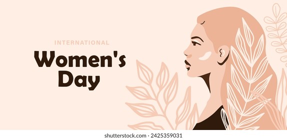 Ilustración del vector del día internacional de la mujer. Hermosa mujer de perfil con elementos verdes florales. Diseño femenino de color neutro y desnudo. Movimiento de empoderamiento feminista, igualdad, unidad.