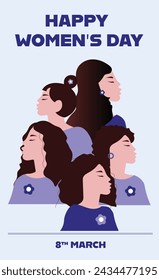 International women's day vector illustration. Embrace Equality. Women from different ethnicities. Females for feminism, independence, sisterhood, empowerment, activism for women rights.