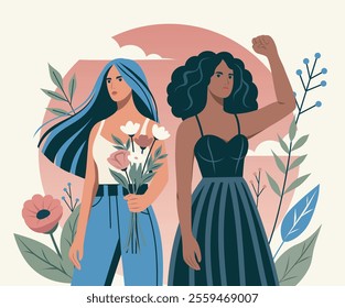 International Women's Day. Vector illustration two different women with flowers and a protest gesture symbolizes strength and the fight for gender equality. Suitable for women's holidays, website