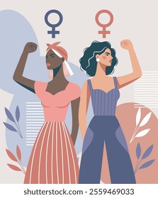 International Women's Day. Vector illustration of two different women with a protest gesture symbolizes strength and struggle for empowerment. Suitable for women's holidays, website, social media