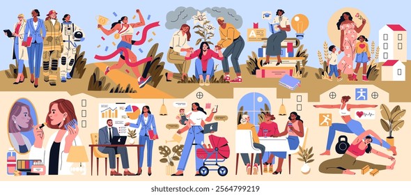 International Women's Day vector illustration. Celebrating women's achievements across various fields, from science and sports to education and family life. A visual tribute to empowerment, diversity