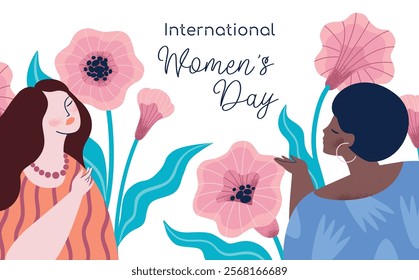 International Women's Day. Vector illustration with women different nationalities and cultures. Struggle for freedom, independence, equality.