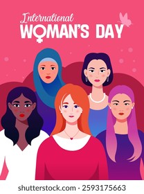  International Women's Day Vector illustration of diverse cartoon women stad together
