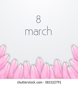 International Women's Day Vector illustration Bouquet of pink tulips on a white background and the inscription 8 March Postcard template in realistic style