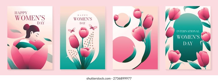 International Womens Day vector poster illustration with tulip bouquet, teal accents and pink geometric shapes on modern background. Fresh design for posters, banners, invitations and social media.