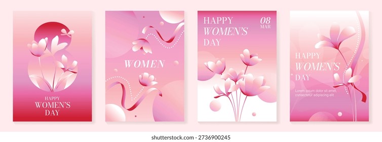 International Womens Day vector poster illustration with flower buds, petals and soft abstract curves on pink background. Soft design for greeting cards, posters, banners and invitations.