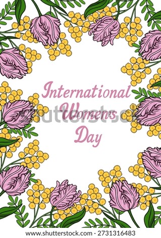 International Womens Day vector poster with pink tulips and yellow mimosa flowers
