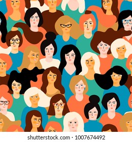 
International Women's Day. Vector seamless pattern with women faces.