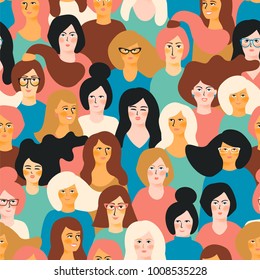 International Women's Day. Vector seamless pattern with women faces.