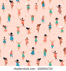 International Women's Day. Vector Seamless Pattern With Pink Background, Dancing Women. Vector Illustration.