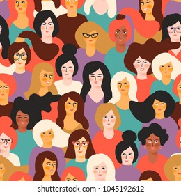 International Women's Day. Vector seamless pattern with women faces.