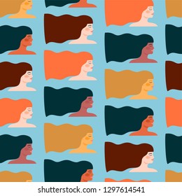 International Womens Day. Vector seamless pattern with different women. Struggle for freedom, independence, equality.