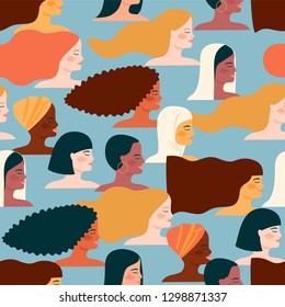 International Womens Day. Vector seamless pattern with with women different nationalities and cultures. Struggle for freedom, independence, equality.