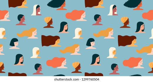 International Womens Day. Vector seamless pattern with with women different nationalities and cultures. Struggle for freedom, independence, equality.