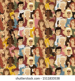International Womens Day. Vector seamless pattern with with women different nationalities and cultures. Struggle for freedom, independence, equality.