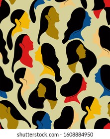 International Women's Day. Vector Seamless Pattern With Women Colorful Faces. Flat Illustration With Colorful Faces And Black Hair. Abstract Art