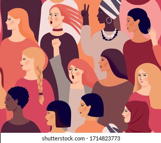 International Womens Day. Vector seamless pattern with women different nationalities and cultures. Struggle for freedom, independence, equality.