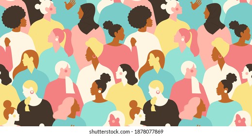 International Women's Day. Vector seamless pattern with with groupe of women different nationalities and cultures. Struggle for freedom, independence, equality.