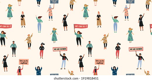 International Womens Day. Vector seamless pattern with with women different nationalities and cultures. Struggle for freedom, independence, equality.