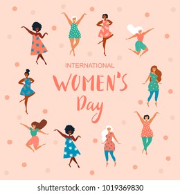 International Women's Day. Vector template with lettering design and texture. Vector illustration.