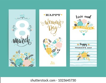 International Women's Day. Vector template with flowers and lettering. Design for card, poster, flyer and other users