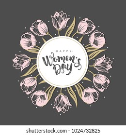 International Women's Day. Vector template with flowers and lettering. Design for card, poster, flyer. Vector illustration.