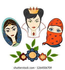 International Women's Day. Vector template cartoon style, Portraits of different women, stylish postcard