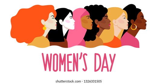 International Women`s Day. Vector template with women different nationalities and cultures. Women look the same way. Feminism. Vector illustration.