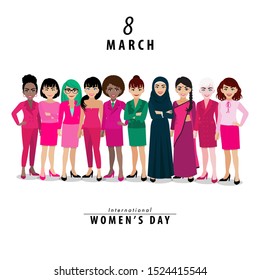 International Women's Day. Vector template with for card, poster, flyer and other. Different nationalities and dress styles standing together. Cartoon character or flat design vector