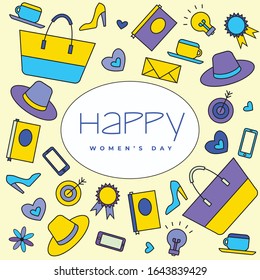 International women's day. Vector template for gretting card and flyer and other uses. Elements of women's life