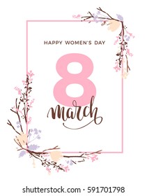 International Women's Day. Vector template with lettering design and hand draw texture. Design for card, poster, flyer and other users