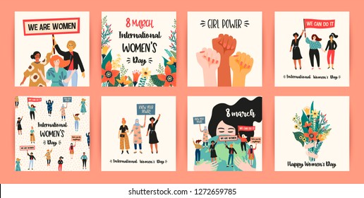 International Womens Day. Vector templates with women different nationalities and cultures. Struggle for freedom, independence, equality.